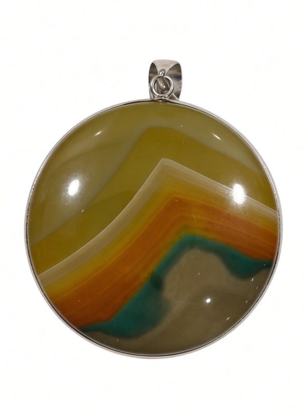 44mm round pendant. Dyed howlite (purple, teal, white) set in rhodium-plated bra
